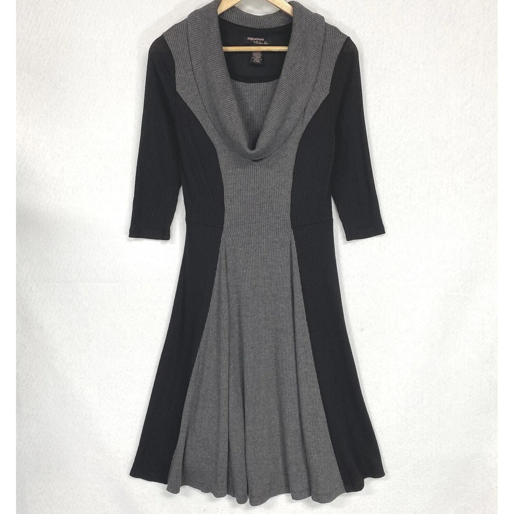 Robbie Bee Women Small Sweater Dress Black Gray Cowl Neck Ribbed Midi Vintage